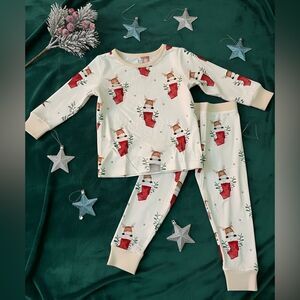 Organic Bamboo Festive Cream Kids Pajamas with Reindeer Design